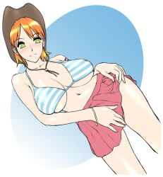Rule 34 | 1girl, bikini, blush, bracelet, breasts, cleavage, clothes lift, covered erect nipples, cowboy hat, dutch angle, female focus, green eyes, hat, huge breasts, jewelry, nami (one piece), naughty face, navel, one piece, orange hair, parted bangs, pleated skirt, short hair, skirt, skirt lift, smile, solo, st.germain-sal, striped bikini, striped clothes, swimsuit, underboob