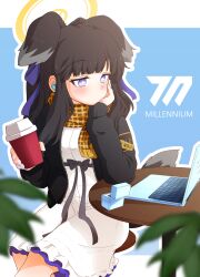 Rule 34 | 1girl, absurdres, animal ears, black hair, blue archive, blunt bangs, blush, casual, closed mouth, computer, cup, day, dog ears, dog girl, dog tail, dress, earphones, hair ornament, hair ribbon, halo, hariyaa, head rest, hibiki (blue archive), highres, laptop, long sleeves, ribbon, sleeves past wrists, solo, tail, white dress, yellow halo