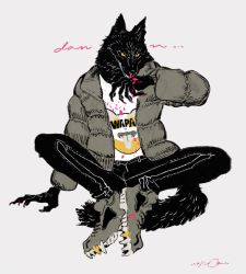 Rule 34 | 1boy, animal ears, black eyes, black fur, blood, blood on clothes, blood on hands, body fur, brown jacket, claws, colored sclera, full body, furry, furry male, grey background, grey footwear, hand up, highres, jacket, knees apart feet together, male focus, nagabe, nosebleed, original, shirt, signature, simple background, sitting, solo, tail, white shirt, wiping blood, wiping nose, wolf boy, wolf ears, wolf tail, yellow sclera