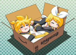 Rule 34 | 1boy, 1girl, = =, amazon (company), blonde hair, box, brother and sister, cardboard box, closed eyes, detached sleeves, drooling, in box, in container, kagamine len, kagamine rin, necktie, polka dot, polka dot background, ribbon, siblings, sleeping, twins, vocaloid, yellow necktie, yukako