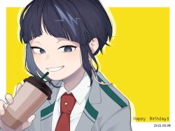 Rule 34 | 1girl, black eyes, black hair, blue hair, boku no hero academia, collared shirt, cup, dated, disposable cup, gift art, grey jacket, happy birthday, highres, holding, holding cup, jacket, jirou kyouka, long earlobes, looking at viewer, necktie, red necktie, school uniform, shirt, short hair, simple background, solo, tongu 11, two-tone background, u.a. school uniform, upper body, white shirt, yellow background
