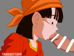 1boy 1girl bandana bar_censor black_eyes black_hair censored dragon_ball dragon_ball_gt erection fellatio hetero loli oral pan_(dragon_ball) penis r-18 shirt simple_background toei_animation tomboy trunks_(dragon_ball) yamakatsuro