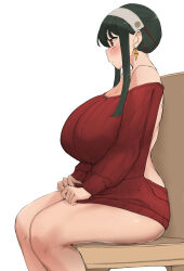 Rule 34 | 1girl, adjusting clothes, ass, backless outfit, bare shoulders, black hair, blush, breasts, butt crack, chair, cleavage, curvy, earrings, feet out of frame, female focus, from behind, hands on own knees, headband, highres, huge ass, huge breasts, jewelry, long hair, long sleeves, looking ahead, minggoo, open mouth, parted lips, plump, red eyes, red sweater, short hair with long locks, sideboob, sidelocks, simple background, sitting, solo, spy x family, sweater, thighs, white background, wide hips, yor briar