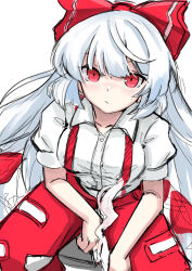 Rule 34 | 1girl, :/, absurdres, blush, bow, cigarette, closed mouth, collarbone, collared shirt, commentary, cowboy shot, fujiwara no mokou, hair bow, highres, holding, holding cigarette, long hair, looking at viewer, ofuda, ofuda on clothes, pants, red bow, red eyes, red pants, shirt, short sleeves, sitting, smoke, solo, suspenders, touhou, very long hair, white hair, white shirt, yuuka (a0240765)