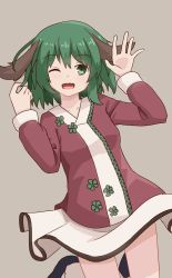 Rule 34 | 1girl, ;d, afensorm, animal ears, arms up, blush, cowboy shot, dog ears, dress, fang, feet up, green eyes, green hair, grey background, hair between eyes, hands up, highres, kasodani kyouko, knees out of frame, long sleeves, looking at viewer, one-hour drawing challenge, one eye closed, open mouth, short dress, simple background, smile, solo, touhou
