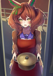 Rule 34 | 1girl, absurdres, animal ears, apron, blush, brown eyes, commentary request, cooking pot, door, hair between eyes, hair ornament, highres, holding, holding cooking pot, horse ears, horse girl, looking at viewer, medium hair, nice nature (umamusume), open mouth, pov, red apron, red hair, sashimi0gou, school uniform, solo, twintails, umamusume