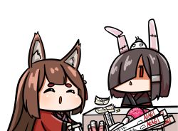 Rule 34 | 2girls, :o, ^ ^, amagi (azur lane), animal ears, azur lane, black hair, black kimono, blunt bangs, brown hair, chibi, closed eyes, coat, commentary request, fake animal ears, fox ears, fox girl, hair over one eye, hand fan, japanese clothes, kagami kino, kimono, long hair, medium hair, money, multiple girls, poster (object), red coat, red eyes, shaded face, shiranui (azur lane), shopping, shopping cart, table, thick eyebrows, translation request, triangle mouth, white background, wide sleeves