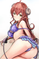 Rule 34 | 1girl, ahoge, ass, bikini, blush, breasts, brown eyes, check commentary, commentary request, demon girl, demon horns, demon tail, expressionless, hair between eyes, horns, large breasts, long hair, looking at viewer, machikado mazoku, nannacy7, polka dot, polka dot bikini, purple bikini, red hair, simple background, solo, strap slip, swimsuit, tail, white background, yoshida yuuko (machikado mazoku)