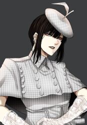 Rule 34 | 1girl, black hair, collared shirt, commentary, ear piercing, earrings, gloves, grey background, grey eyes, highres, hoshi san 3, jewelry, looking at viewer, mole, mole under eye, parted lips, piercing, real life, shiina ringo, shirt, short hair, sidelocks, simple background, solo, upper body, white gloves, white headwear, white shirt
