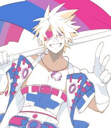 Rule 34 | 1boy, absurdres, alternate eye color, belt, bisexual flag, bisexual male, blonde hair, blue eyes, blush, covered abs, eyepatch, flag, flagpole, gloves, gradient eyes, grin, guilty gear, guilty gear xrd, highres, holding, holding flag, jewelry, lgbt pride, looking at viewer, male focus, multicolored eyes, necklace, pectorals, pink eyes, short hair, sin kiske, slippy (734nyui), smile, v, variant set, white gloves