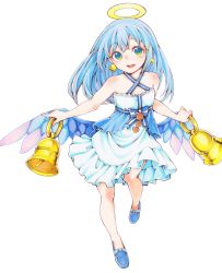 Rule 34 | 10s, 1girl, bare shoulders, bell, bellringer angel, blue eyes, blue footwear, blue hair, bow, dress, earrings, flat chest, full body, halo, highres, jewelry, kurumikko, looking at viewer, marker (medium), matching hair/eyes, open mouth, shadowverse, shingeki no bahamut, shoes, simple background, smile, solo, standing, standing on one leg, traditional media, white background, wings