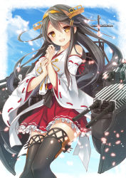 Rule 34 | 10s, 1girl, :d, bad id, bad pixiv id, bare shoulders, black hair, blush, boots, brown eyes, camouflage, detached sleeves, frilled skirt, frills, hair ornament, hairband, hairclip, haruna (kancolle), japanese clothes, jewelry, kantai collection, long hair, looking at viewer, nontraditional miko, nunucco, open mouth, petals, ribbon-trimmed sleeves, ribbon trim, ring, skirt, smile, solo, thigh boots, thighhighs, wedding band, zettai ryouiki
