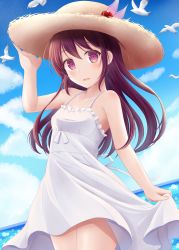 Rule 34 | bare shoulders, bird, blush, breasts, brown hair, clothes lift, cloud, dress, hat, highres, kantai collection, kisaragi (kancolle), looking at viewer, minakami mimimi, ocean, open mouth, pink eyes, skirt, skirt lift, sky, small breasts, solo, straw hat, sundress, thighs