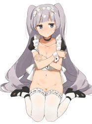 Rule 34 | 1girl, 2l (2lsize), blush, bottomless, breasts, cleavage, closed mouth, collarbone, covering privates, covering breasts, crop top, frills, grey hair, groin, highres, jitome, long hair, looking at viewer, maid, maid headdress, mary janes, navel, no panties, nose blush, original, purple eyes, ribbon-trimmed legwear, ribbon trim, shoes, short sleeves, simple background, sitting, small breasts, solo, thighhighs, thighs, twintails, wariza, white background, white thighhighs, wrist cuffs