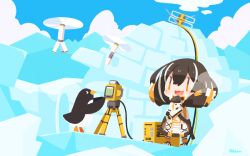 Rule 34 | &gt; &lt;, 1girl, :3, arknights, arms up, bird, black hair, blush stickers, breath, chibi, cloud, coat, day, drone, hair between eyes, highres, igloo, magallan (arknights), mask, mask around neck, multicolored hair, nuu (nu-nyu), open mouth, orange eyes, outdoors, penguin, signature, sky, snow, snow shelter, standing, theodolite, white hair