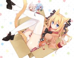 Rule 34 | 4girls, animal ears, blonde hair, blue eyes, blush, box, breasts, cardboard box, cat, cat ears, chibi, in box, in container, looking at viewer, mao (alepricos), multiple girls, original, panties, solo focus, tail, thighhighs, underwear, white legwear