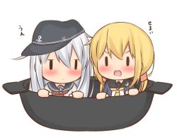 Rule 34 | 2girls, anchor symbol, black sailor collar, blonde hair, blue jacket, chibi, commentary request, crescent, crescent pin, flat cap, hat, hibiki (kancolle), in container, in pot, jacket, kantai collection, long hair, low twintails, multiple girls, neckerchief, necktie, nepty (silkey vod), oversized object, pot, red neckwear, sailor collar, satsuki (kancolle), school uniform, serafuku, silver hair, simple background, solid oval eyes, twintails, white background, yellow neckwear