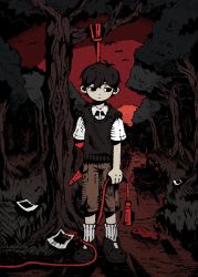 Rule 34 | 9twoeight, black eyes, black footwear, black hair, black sweater, blood, brown shorts, collared shirt, full body, highres, holding, holding rope, jump rope, looking away, omori, photo (object), rope, shirt, short hair, short sleeves, shorts, socks, solo, spoilers, standing, sunny (omori), sweater, tree, white shirt, white socks