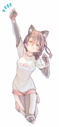 Rule 34 | 1girl, alternate costume, animal ear fluff, animal ears, blush, breasts, brown hair, cat ears, clenched hands, gym uniform, hair between eyes, hand up, headband, highres, hololive, jumping, kemonomimi mode, looking at viewer, medium breasts, nosir onadat, red headband, roboco-san, short hair, solo, virtual youtuber, white background, yellow eyes