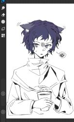 Rule 34 | 1boy, anger vein, animal ear fluff, animal ears, art program in frame, blue hair, capelet, cat boy, cat ears, chinese commentary, commentary request, cup, dark blue hair, ear wiggle, grey eyes, highres, holding, holding cup, kemonomimi mode, long sleeves, male focus, open mouth, partially colored, saibou shinkyoku, short hair, simple background, solo, spoken squiggle, squiggle, sweat, upper body, utsugi noriyuki, white background, zai (qiu222147)