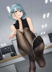 Rule 34 | 1girl, antenna hair, black sweater, blue hair, dead or alive, dead or alive xtreme venus vacation, desk, ears, feet, female focus, foot focus, from below, green eyes, hair between eyes, hand on chin, highres, indoors, legs, legs up, light blue hair, light smile, lipstick, looking at viewer, makeup, mole, no shoes, office, office lady, official art, on desk, pantyhose, short hair, sidelocks, sitting, on desk, sleeveless, sleeveless turtleneck, smile, soles, solo, sweater, tamaki (doa), toes, turtleneck, turtleneck sweater, watch, wristwatch, yomu (sgt epper)