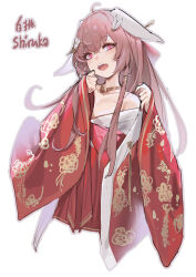 Rule 34 | 1girl, absurdres, ahoge, animal ears, bare shoulders, character name, chinese commentary, commentary request, eiroyi, fang, floppy ears, floral print, flower, glowing pupils, grey outline, hair flower, hair ornament, hair stick, hair tubes, hakama, hakama skirt, hand on own chin, highres, indie virtual youtuber, japanese clothes, jewelry, kimono, light blush, long hair, looking at viewer, lop rabbit ears, miko, necklace, off shoulder, official alternate costume, open mouth, pink eyes, pink hair, pink nails, rabbit ears, rabbit hair ornament, red hakama, red pupils, red skirt, shirako (vtuber), simple background, skirt, solo, teeth, upper body, upper teeth only, white background, white flower, white kimono, wide sleeves