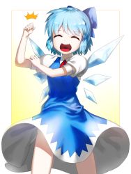 Rule 34 | 1girl, :d, ^ ^, bad id, bad pixiv id, blue hair, bow, cirno, closed eyes, fang, hair bow, ice, ice wings, kfr, open mouth, short hair, smile, solo, touhou, wings