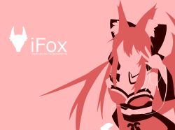 Rule 34 | 10s, 1girl, animal ear fluff, animal ears, bare shoulders, bow, breasts, character name, detached sleeves, earbuds, earphones, english text, engrish text, fate/extra, fate (series), flat color, fox ears, fox tail, hair bow, hair ribbon, highres, japanese clothes, long hair, no lineart, parody, pink background, pink hair, ranguage, ribbon, simple background, sirozenzafd, solo, tail, tamamo (fate), tamamo no mae (fate/extra), text focus, twintails, very long hair, w over eye
