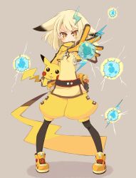 Rule 34 | 1boy, androgynous, blonde hair, creatures (company), drooling, full body, game freak, gen 1 pokemon, highres, male focus, moemon, nintendo, pantyhose, personification, pikachu, plover, pokemon, pokemon (creature), simple background, tail, yellow eyes