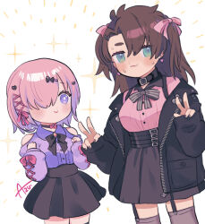 Rule 34 | 1boy, 1girl, alternate costume, azu (kirara310), black hair, black jacket, black ribbon, black skirt, blue eyes, blush, buttons, chibi, clothing cutout, commentary request, crossdressing, fate/grand order, fate (series), fujimaru ritsuka (male), hair over one eye, hair ribbon, highres, jacket, jirai kei, long hair, long sleeves, looking at another, looking at viewer, mash kyrielight, neck ribbon, one eye covered, open clothes, open jacket, pink ribbon, pink shirt, purple eyes, purple hair, purple shirt, ribbon, shirt, short hair, shoulder cutout, skirt, sleeves past wrists, sweat, twintails, v, w, white background