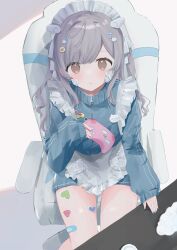 Rule 34 | 1girl, :&lt;, absurdres, apron, badge, bandage on face, bandages, bandaid, bandaid on cheek, bandaid on face, bandaid on thigh, blue jacket, blue nails, borrowed character, brown eyes, button badge, chair, controller, cross hair ornament, game controller, gamepad, gaming chair, grey hair, hair ornament, hazuki (mechiru), highres, holding, holding controller, holding game controller, jacket, jersey maid, kohaku sogo, long hair, looking at viewer, maid, maid apron, maid headdress, name tag, no pants, original, pill hair ornament, sitting, solo, swivel chair, track jacket, two side up, unconventional maid, wing hair ornament, zipper, zipper pull tab