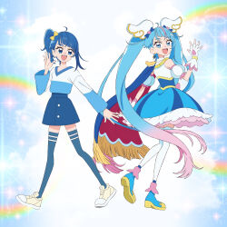 Rule 34 | 2girls, absurdres, ahoge, blue cape, blue eyes, blue skirt, blue thighhighs, bow, cape, cure sky, detached sleeves, dual persona, earrings, full body, gradient hair, hair bow, highres, hirogaru sky! precure, jewelry, long hair, long sleeves, magical girl, multicolored hair, multiple girls, official art, open mouth, pink hair, precure, puffy detached sleeves, puffy sleeves, side ponytail, single earring, single sidelock, skirt, smile, sora harewataru, thighhighs, third-party source, twintails, two-sided cape, two-sided fabric, very long hair, wing hair ornament, yellow bow, yellow footwear