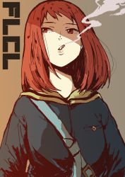 Rule 34 | 1girl, blue jacket, cigarette, commentary request, copyright name, eshaku (asifu-coffee), flcl, highres, jacket, lips, long sleeves, looking up, mouth hold, red eyes, red hair, samejima mamimi, school uniform, short hair, skirt, smoke, smoking, solo, upper body