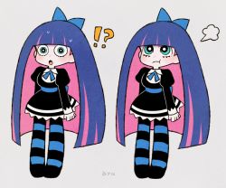 Rule 34 | !?, 10s, 1girl, :t, aqua eyes, artist name, ayu (mog), bad id, bad pixiv id, colored inner hair, long hair, multicolored hair, multiple views, open mouth, panty &amp; stocking with garterbelt, pantyhose, simple background, stocking (psg), striped clothes, striped legwear, striped pantyhose, sweat, two-tone hair