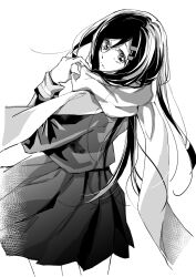 Rule 34 | alternate color, closed mouth, cropped legs, enpera, greyscale, hair between eyes, hair ornament, hairclip, highres, holding, holding clothes, holding scarf, kagerou project, leaning back, light frown, long hair, long sleeves, looking back, mekakucity actors, monochrome, pleated skirt, saitou shiori (pixiv14549321), scarf, school uniform, serafuku, simple background, skirt, sleeve cuffs, solo, tateyama ayano