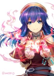 Rule 34 | 1girl, ane-suisei, blue eyes, blue hair, bracelet, closed mouth, fire, fire emblem, fire emblem: the binding blade, hat, jewelry, lilina (fire emblem), long hair, nintendo, red hat, simple background, smile, solo, twitter username, upper body, white background