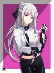 Rule 34 | 1girl, absurdres, ak-12 (girls&#039; frontline), artist name, black gloves, black pants, black ribbon, braid, breasts, closed mouth, commission, feet out of frame, french braid, girls&#039; frontline, gloves, grey hair, hair ribbon, hand in own hair, highres, jacket, lips, long hair, long sleeves, looking at viewer, medium breasts, pants, partially fingerless gloves, ponytail, purple eyes, ransei48, ribbon, simple background, solo, standing, tactical clothes, white jacket