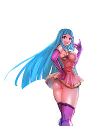 Rule 34 | 1girl, ass, bikini, bikini top only, bikini under clothes, blue hair, bow (bhp), breasts, dress, drooling, elbow gloves, gloves, highres, large breasts, long hair, looking at viewer, looking back, me!me!me!, meme (me!me!me!), no panties, purple gloves, simple background, solo, striped bikini, striped bikini top, striped clothes, swimsuit, thighs, white background