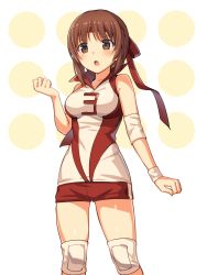 Rule 34 | &gt;:o, 10s, 1girl, :o, alternate costume, bare shoulders, blush, breasts, brown eyes, brown hair, collarbone, collared shirt, cosplay, girls und panzer, headband, highres, icomochi, knee pads, kondou taeko, kondou taeko (cosplay), medium breasts, nishizumi miho, open mouth, red shorts, shirt, shorts, sleeveless, sleeveless shirt, solo, sportswear, standing, sweatband, v-shaped eyebrows, volleyball uniform, white background