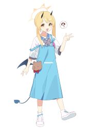 Rule 34 | 1girl, :d, ?, absurdres, adapted costume, apron, black horns, black tail, black wings, blanchat, blonde hair, blue apron, blue archive, bow, bowtie, cosplay, demon tail, food, food on face, full body, halo, highres, horns, ibuki (blue archive), light blush, looking at viewer, low wings, open mouth, shirt, short sleeves, simple background, single wing, smile, solo, sora (blue archive), sora (blue archive) (cosplay), spoken question mark, strap slip, striped bow, striped bowtie, striped clothes, tail, w, white background, white footwear, white shirt, wings, yellow eyes