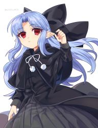 Rule 34 | 1girl, 4rion, absurdres, black bow, black dress, blue hair, bow, closed mouth, dress, hair bow, highres, len (tsukihime), long hair, long sleeves, looking at viewer, pointy ears, red eyes, simple background, solo, tsukihime, twitter username, white background