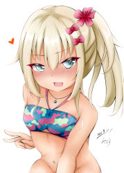 Rule 34 | 1girl, :d, bare arms, bare shoulders, bikini, bikini top only, blonde hair, blue bikini, blue eyes, bottomless, bow, breasts, commentary request, dakkusu, dated, flower, grecale (kancolle), groin, hair between eyes, hair bow, hair flower, hair ornament, halterneck, hand up, heart, highres, kantai collection, long hair, looking at viewer, navel, open mouth, red bow, red flower, side ponytail, signature, simple background, small breasts, smile, solo, swimsuit, upper body, v, white background
