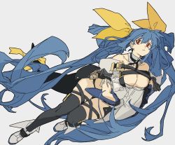Rule 34 | 1girl, amatuki, bare shoulders, belt, black panties, black thighhighs, breasts, choker, cleavage, closed mouth, collarbone, crossed arms, detached collar, detached sleeves, dizzy (guilty gear), full body, grey background, guilty gear, guilty gear xrd, hair between eyes, hair ribbon, hair rings, highres, large breasts, long sleeves, looking afar, mature female, monster girl, panties, red eyes, ribbon, simple background, skindentation, solo, tail, tail ornament, tail ribbon, thick thighs, thigh strap, thighhighs, thighs, twintails, underwear, white background, wide sleeves, yellow ribbon