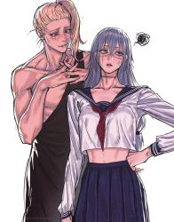 Rule 34 | 1boy, 1girl, angry, annoyed, blonde hair, blue dress, blue eyes, blush, dress, genderswap, genderswap (mtf), green eyes, grey hair, hair ornament, height difference, heterochromia, highres, jujutsu kaisen, long hair, looking at another, looking away, mahito (jujutsu kaisen), midriff, muscular, own hands together, ponytail, school uniform, shigemo haruta, side ponytail, simple background, squiggle, stitched arm, stitched face, stitched neck, stitches, toga, twitter username, wengwengchim, white background