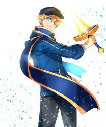 Rule 34 | 1boy, ahoge, arthur pendragon (fate), artoria pendragon (fate), bad id, bad twitter id, baseball cap, blonde hair, blue eyes, cowboy shot, excalibur (fate/stay night), fate/prototype, fate (series), genderswap, genderswap (ftm), hat, highres, jacket, looking at viewer, male focus, mysterious heroine x (fate), pentarou (2233456), rojiura satsuki : chapter heroine sanctuary, saber (fate), scarf, simple background, smile, solo, track jacket, white background