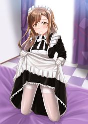 Rule 34 | 1girl, absurdres, apron, artist name, artist request, bed, black dress, black skirt, blush, bow, bowtie, breasts, brown eyes, brown hair, checkered floor, curtains, dress, female focus, floating hair, floor, frilled apron, frilled shirt collar, frills, gloves, hair between eyes, highres, holding, holding clothes, holding skirt, indoors, kunikida hanamaru, light brown hair, long hair, long sleeves, looking at viewer, love live!, love live! sunshine!!, maid, maid apron, maid headdress, medium breasts, miniskirt, on bed, parted lips, plaid, plaid dress, plaid skirt, pleated, pleated dress, pleated skirt, puffy long sleeves, puffy sleeves, purple curtains, skirt, smile, solo, wavy hair, white apron, white bow, white gloves, white legwear, window, worried, yellow eyes