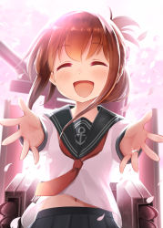 Rule 34 | 10s, 1girl, backless outfit, bell (oppore coppore), blush, brown hair, closed eyes, folded ponytail, gradient background, highres, inazuma (kancolle), incoming hug, jewelry, kantai collection, looking at viewer, machinery, navel, neckerchief, open mouth, outstretched arms, revision, ring, school uniform, serafuku, shirt, skirt, smile, solo, wedding band