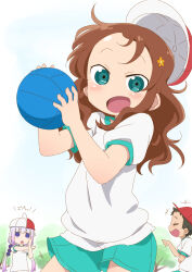 Rule 34 | 1boy, 2girls, :d, = =, arms up, ball, beads, blue eyes, blush, brown hair, character request, child, commentary request, forehead, green eyes, green shorts, gym uniform, hair beads, hair ornament, hair over shoulder, hands up, highres, holding, holding ball, jitome, kanna kamui, kobayashi-san chi no maidragon, laughing, light purple hair, long hair, low twintails, multiple girls, open mouth, pink hair, pointing, pointing at another, red headwear, saikawa riko, samansa ex, shirt, short sleeves, shorts, smile, solo focus, tree, twintails, upper body, white background, white shirt