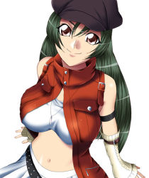 Rule 34 | 1girl, arm support, belt, brown eyes, elbow gloves, fingerless gloves, from above, gloves, green hair, hat, jacket, jewelry, kirishima reika, long hair, necklace, shikigami no shiro, shikigami no shiro iii, simple background, sitting, skirt, smile, solo, strapless, taito, time gal, tube top, yadokari genpachirou