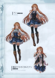 Rule 34 | 1girl, absurdres, aged down, anne (shingeki no bahamut), bag, black thighhighs, boots, bow, bowtie, breasts, brown footwear, brown hair, buttons, character name, dress, frills, granblue fantasy, green eyes, hand on own hip, highres, long hair, long sleeves, looking at viewer, medium breasts, minaba hideo, multiple views, official art, page number, parted lips, scan, shingeki no bahamut, shirt, short dress, simple background, skirt, smile, sword, thigh strap, thighhighs, vest, weapon, white shirt, zettai ryouiki